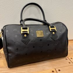 MCM Boston Bag, Nylon/PVC Leather, w/Crossbody Strap, Small Duffel