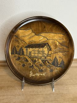 Vintage Swiss Hand Carved Wooden Wall Souvenir Plate 9”