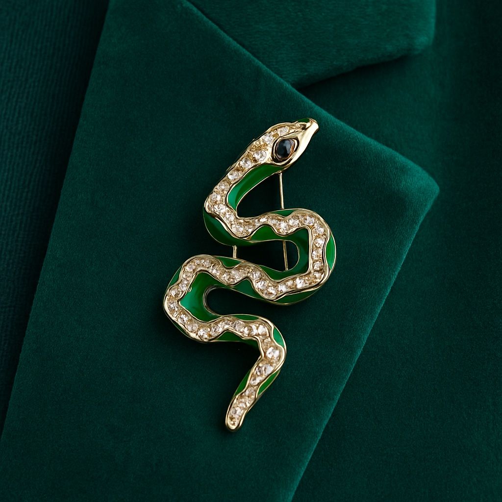 Vintage 1990s Green Enamel Rhinestone Snake Brooch, 2x0.75”