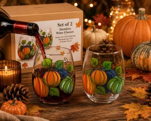 Set of 2 Hand Painted Pumpkin Stemless Wine Glasses | Fall Thanksgiving Autumn Decor Gift