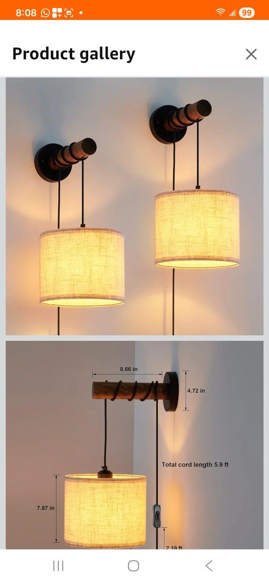 Wall Sconces Set of Two, Plug in Sconces Wall Lighting with Fabric Shade, Farmhouse Wall Lamps with Plug in Cord, Rustic Wall Lights with Wood Arm and