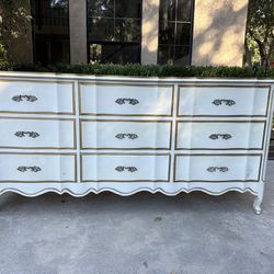Vintage Hollywood Regency Mid Century Modern French Provincial Dresser, Desk, and Nightstand Set Of 3 Beautiful Bedroom Pieces