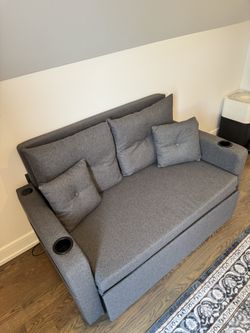 Gray Sofa Bed w/ Fast Charge Port & Cup Holders