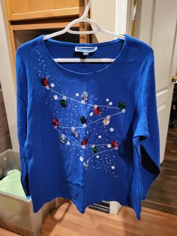 Karen Scott 1X Blue Christmas Lights Shirt 