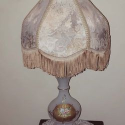 VINTAGE HAND PAINTED FLORAL FLOWER RAISED GOLD PAINT BOHEMIAN BRASS LAMP ROSE FRINGE ANTIQUE SHADE