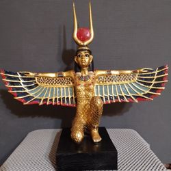 Ancient Egyptian Goddess of Motherhood Kneeling Isis With Open Wings Statue.