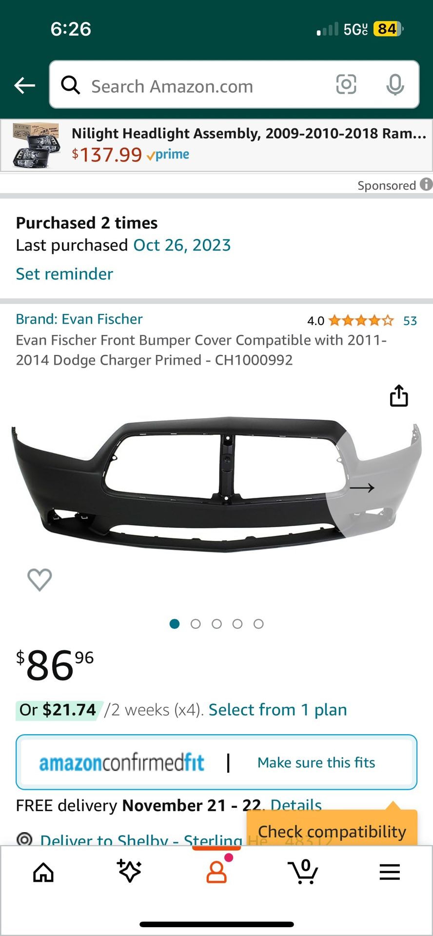 Evan Fischer Front Bumper Cover Compatible with 2011- 2014 Dodge Charger Primed