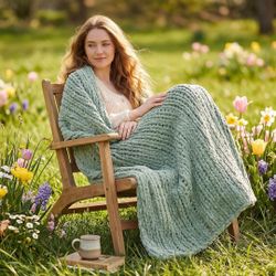 Chunky Knit Handmade Chenille Cable Knitted Crochet Throw Blanket, Sage Green-Ame’lie Home