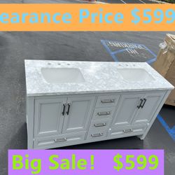 60”white double sink bathroom vanity with carrara white marble stone top