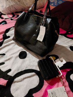 Black Croc-Embossed Handbag and Wallet Set