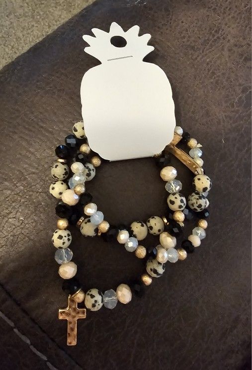 NEW Gold and Black Beaded Cross Bracelets-set of 3.