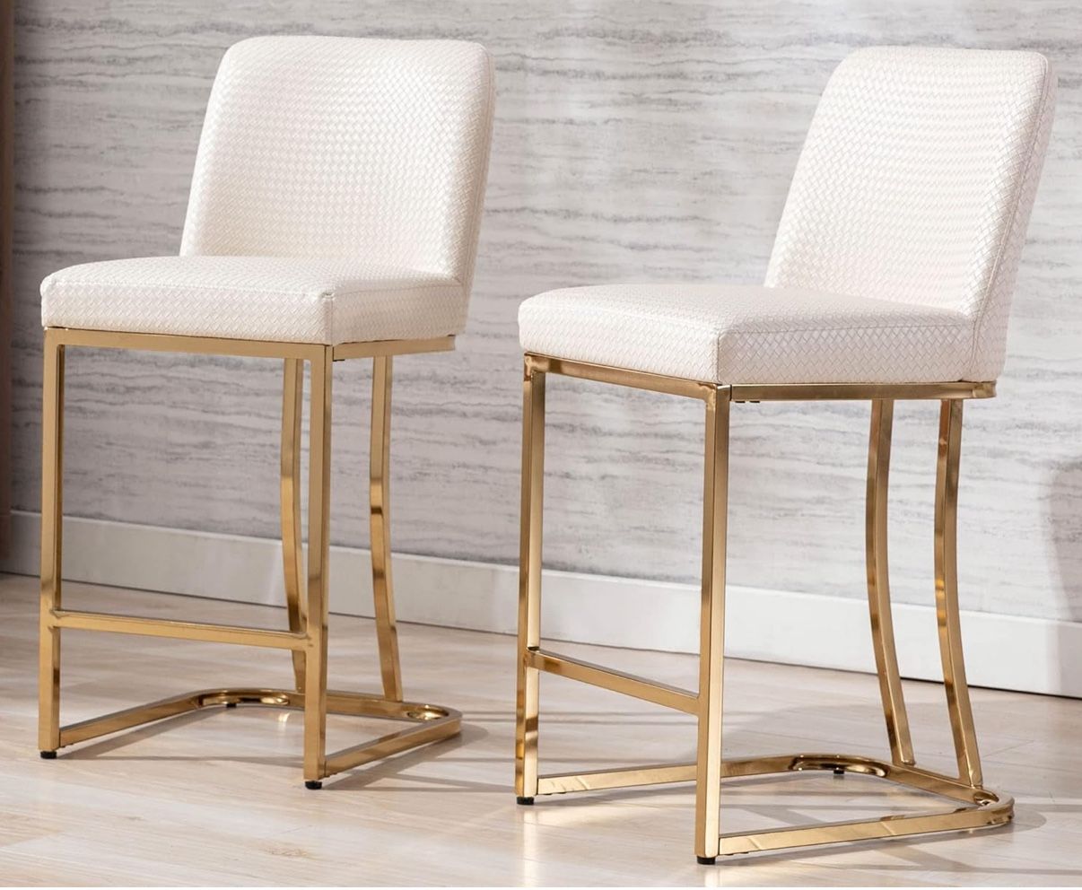 24" H Counter Height Barstools with Back, Mid Century Modern Woven Faux Leather Upholstered Counter Stool Chairs with Gold Metal Frame for Kit