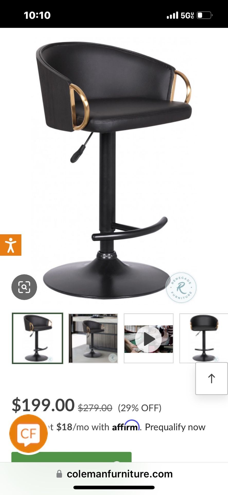 Solstice Black Faux Leather Adjustable Swivel Bar Stool