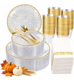 New 350 pieces, Gold Rim Clear Hammered Plastic Plates Disposable Party Tableware Set of 50 Guests