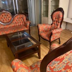 Antique Red Floral-Designed Living Room Set w/ Coffee Table - (Greenacres)