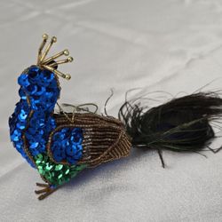 Peacock Sequin Feather Hanging Christmas Ornament 7" Gold Embellishments 