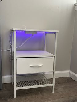 Modern White LED Nightstand with Charging Station & Fabric Drawer – Excellent Condition