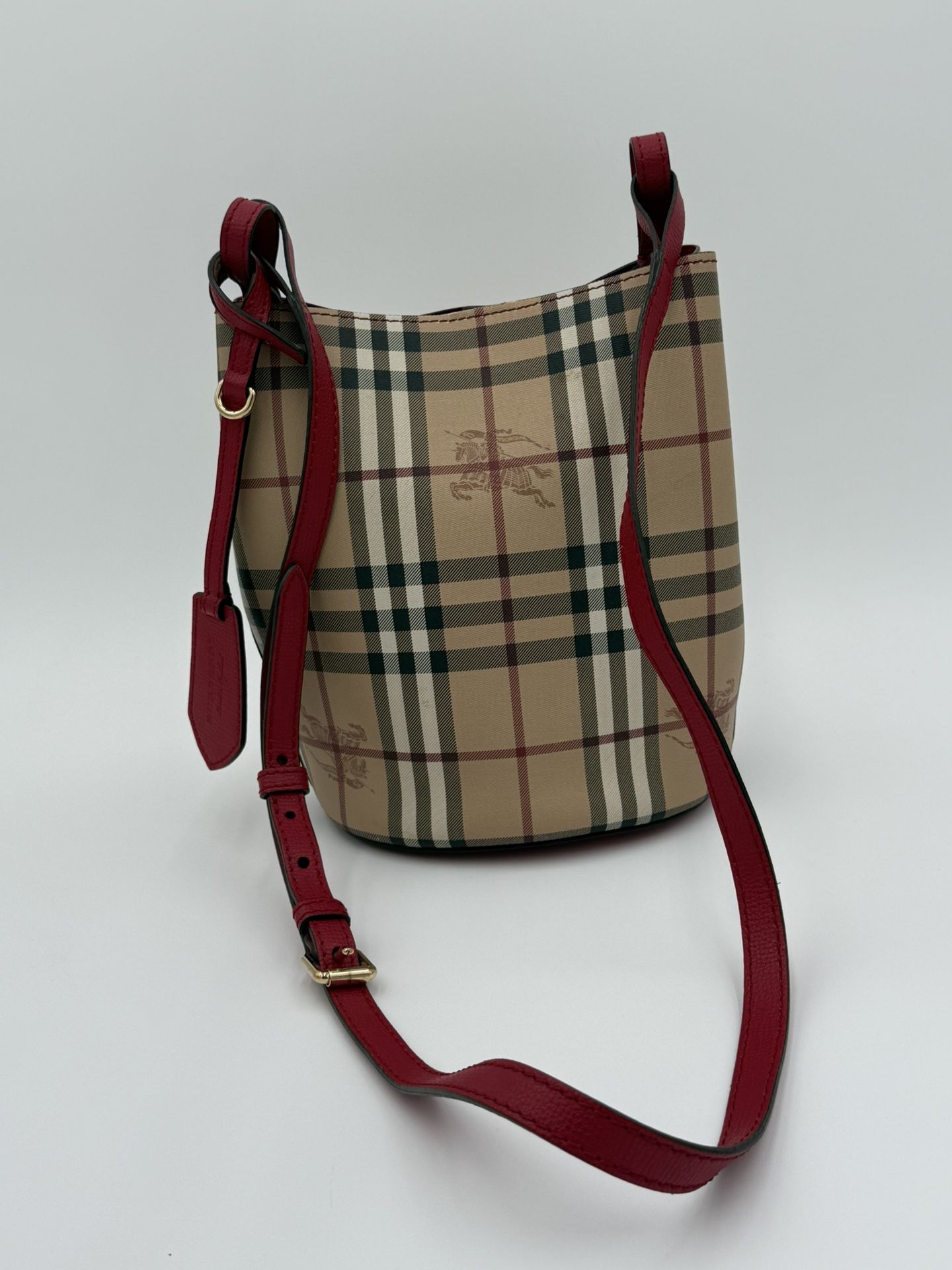 Auth Burberry Check Shoulder Bag – Beige x Red – Coated Canvas & Leather