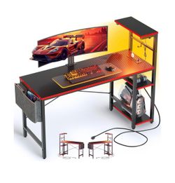 44-inch Gaming Desk with 4-Tier Storage Shelves, RGB Lights & USB Charging - Black Carbon Fiber