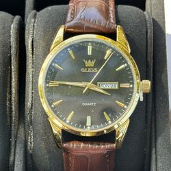 Men’s Watch Olevs Black Gold Brown Leather