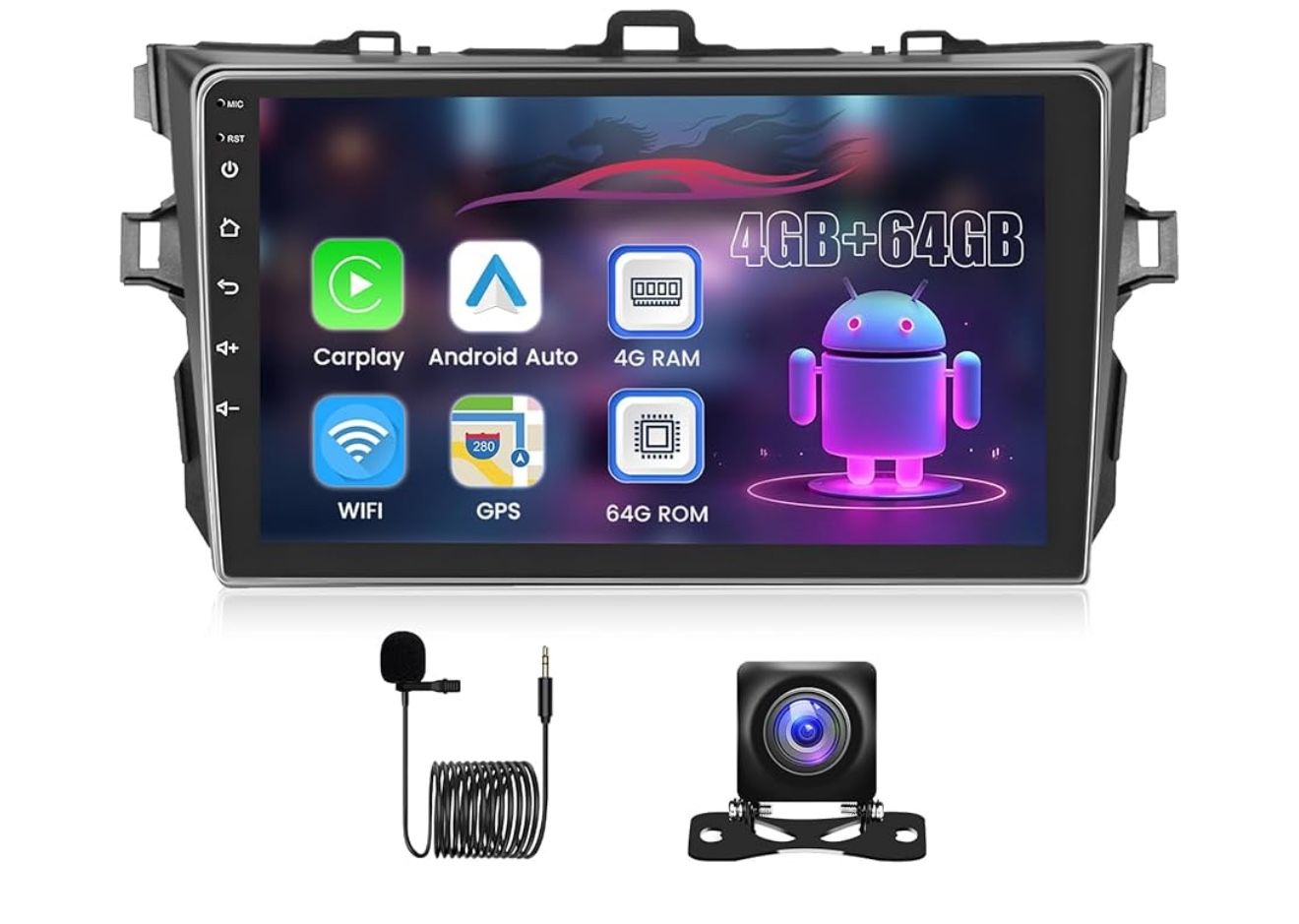 8 Core 4+64G Android Car Radio for Toyota Corolla 2009-2013 5G WiFi, 9'' 1280P IPS Touch Screen Car Stereo with Wireless Carplay Android Auto GPS DSP