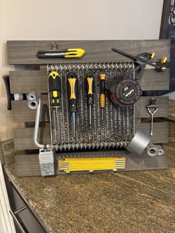 Repurposed Evaporator. Handmade Hanging Pallet Tool Organizer. 22”x 18.5”. Perfect for garage/mancave. Includes all tools/everything shown in photos.