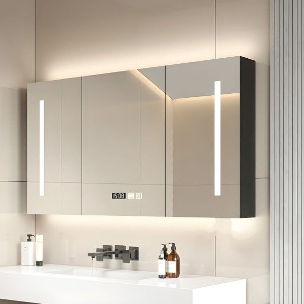 60"x26" Smart Medicine Cabinet w/ LED Light Mirror, Time Temp Display w/ Storage Black Solid Wood