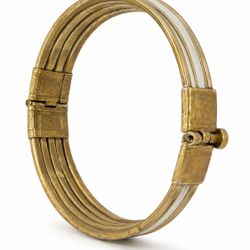 Vintage Brass Mother of Pearl Inlay Hinged Bangle Bracelet Tribal Boho Jewelry
