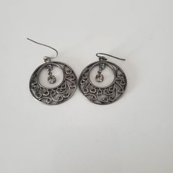 Women's Pre-owned Antique Silver Color Round Dangling Earrings With Gem