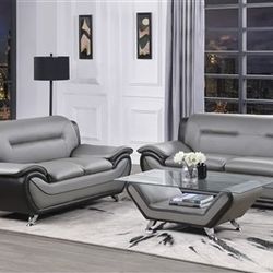 Brand New Gray/Black Leather Modern Sofa + Loveseat 2PCs Set