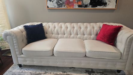 Matching Pair of White Fabric Chesterfield 3 seater couches