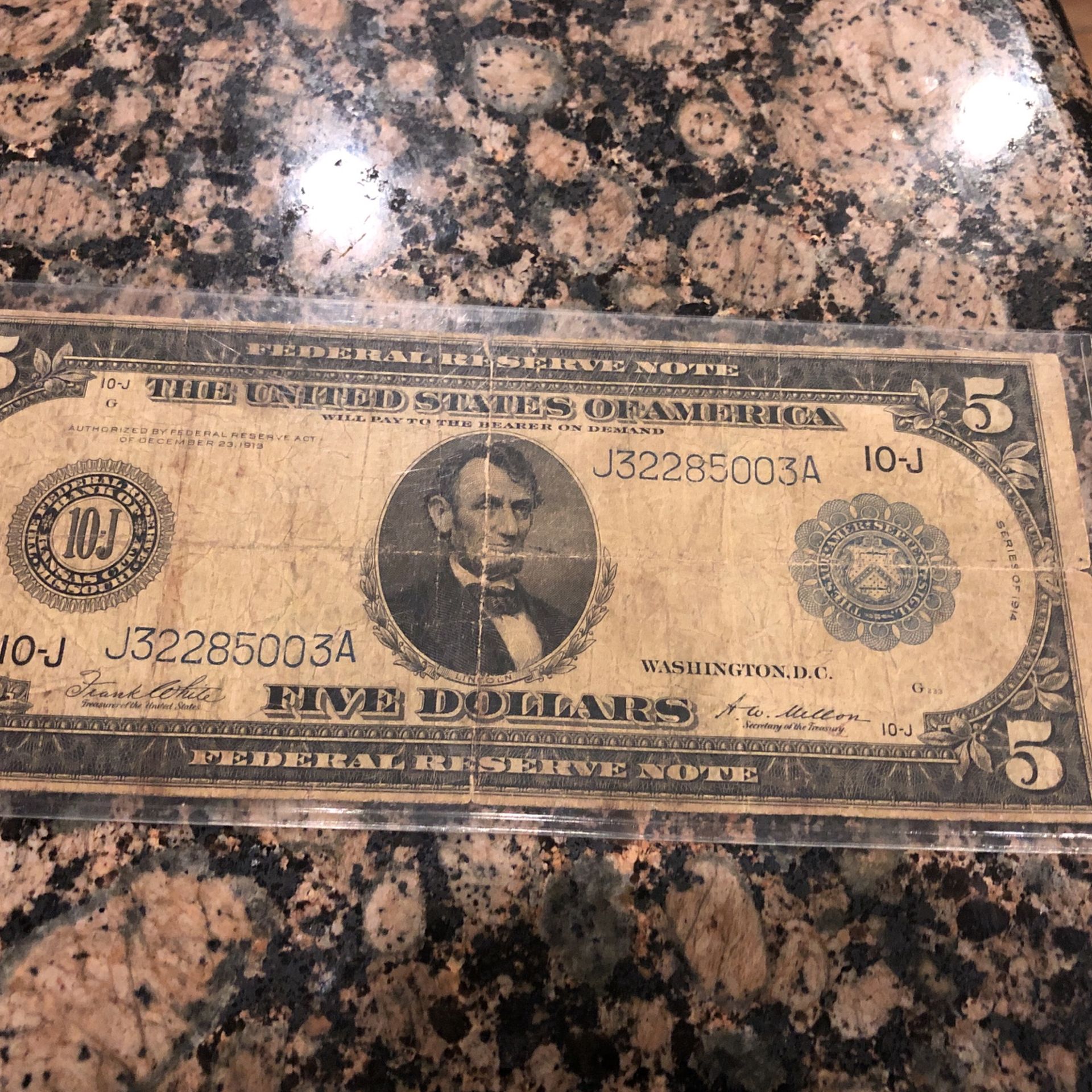 Vintage 1914 Us $5 Bill
