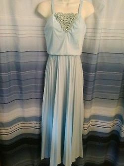 Vintage MOD 70's Blue Slinky Knit Disco Swing Speggeti Strap Dress Size 7