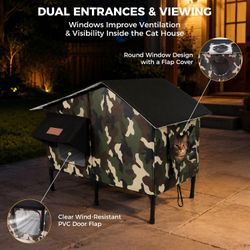 Outdoor Cat House with Heating Pad, Insulated Rain-Resistant Shelter