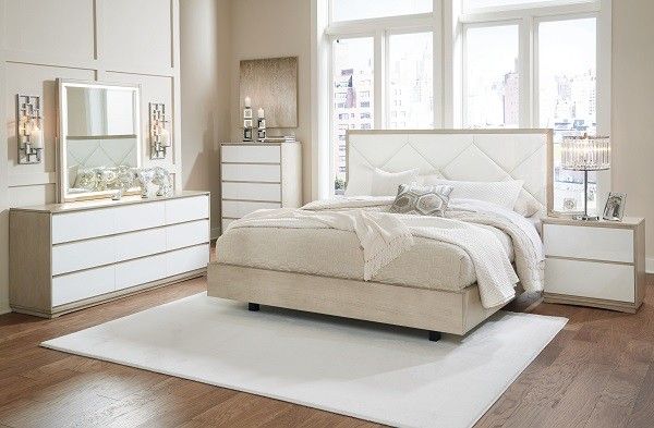 White Queen Upholstered Bed-7Pc.Dresser-Mirror=Chest,Queen Bed,2 Nightstands