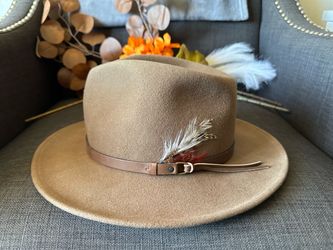 Tan Wool Felt Fedora Hat with Feather Size  XL