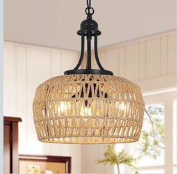 Farmhouse Chandelier for Dining Room, 3-Light Boho Rattan Chandelier
