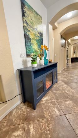 Beautiful blue fireplace /tv stand in excellent condition 59” inches long