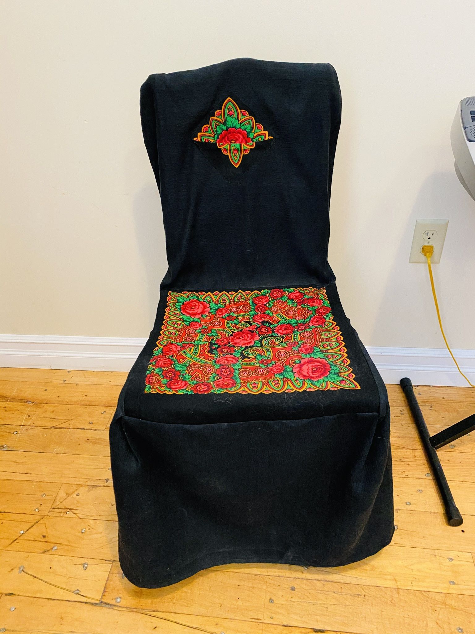 Beautiful Antique solid wood chair. Designer high quality fabric covering in traditional Russian style. Excellent condition. Great bargain.