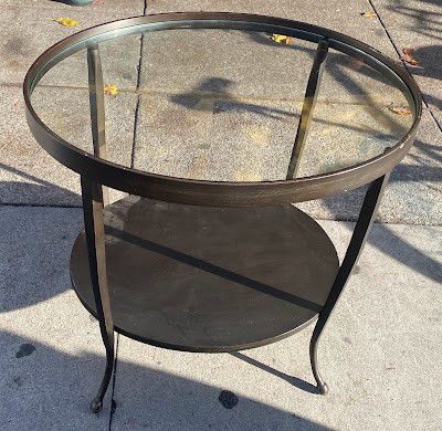 End Table | Dark Metal Base and Glass Top | Oval