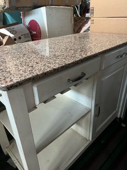 White Kitchen Island with Granite Top with wheels