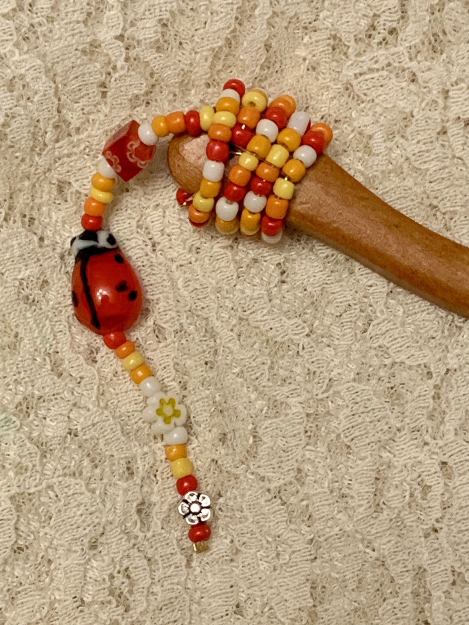 Wooden Handcrafted Beaded Chopstick Hair Pin With Heart Ladybug Glass Beads, 7”