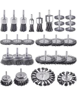 Wire Wheel Brushes , 28 pack, Carbon Steel & Twist Knot Cup Brush, 1/4-Inch Round Shank for Rust Removal, Corrosion and Scrub Surfaces, NEW, ROCARIS