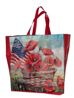 Patriotic Red Poppy In Basket With Flag Design Shopping Tote Bag