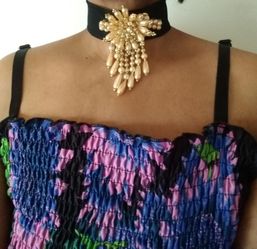 Handmade Wide Black Choker Necklace with Champagne Pearl Chandelier Dangle