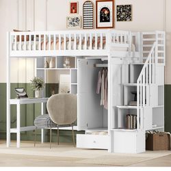 Twin loft bed with stairs, desk, bookshelf, armoire, and drawers