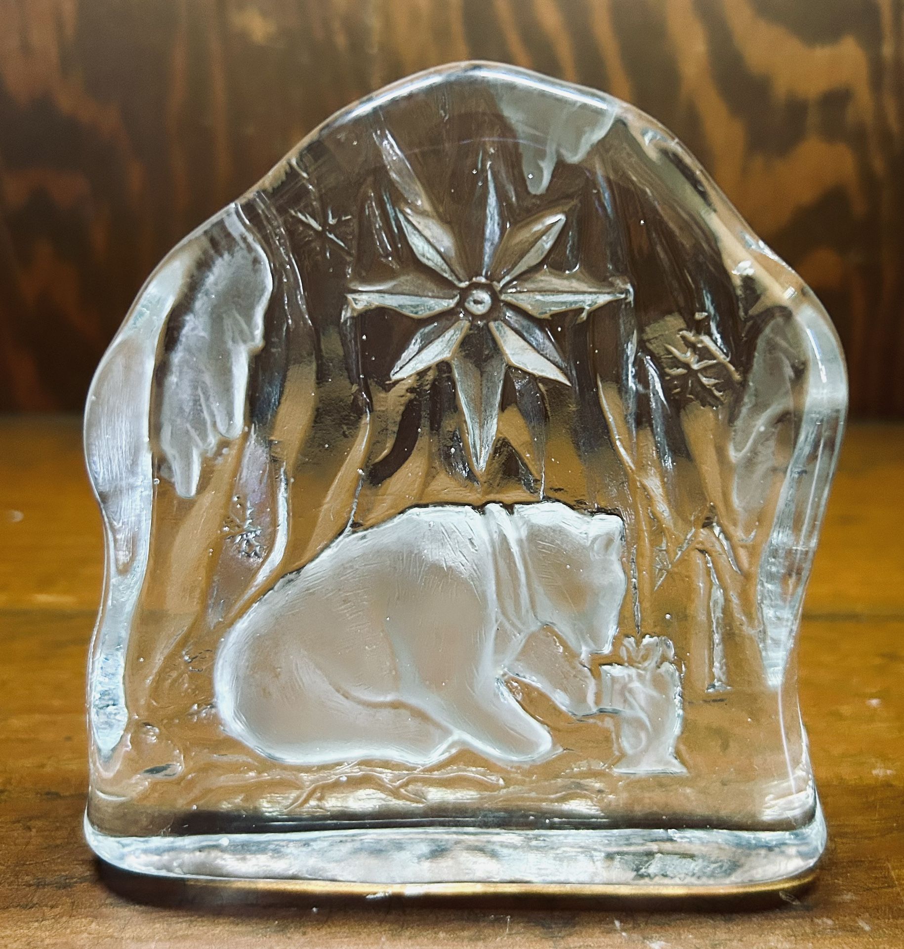 Glass Paperweight Bear and Penguin Clear Etched