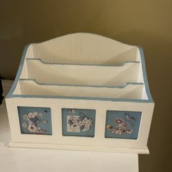 White Painted Wood Letter Holder Mail Organizer Storage Caddy Desk Floral Design