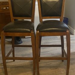 Solid Wood And Black Leather Bar Stools