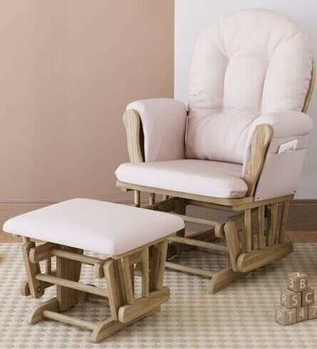 Storkcraft Hoop Glider and Ottoman rocking chair light Pink cushion solid wood natural(address in description) 👇delivery 🚚 available within 15 miles